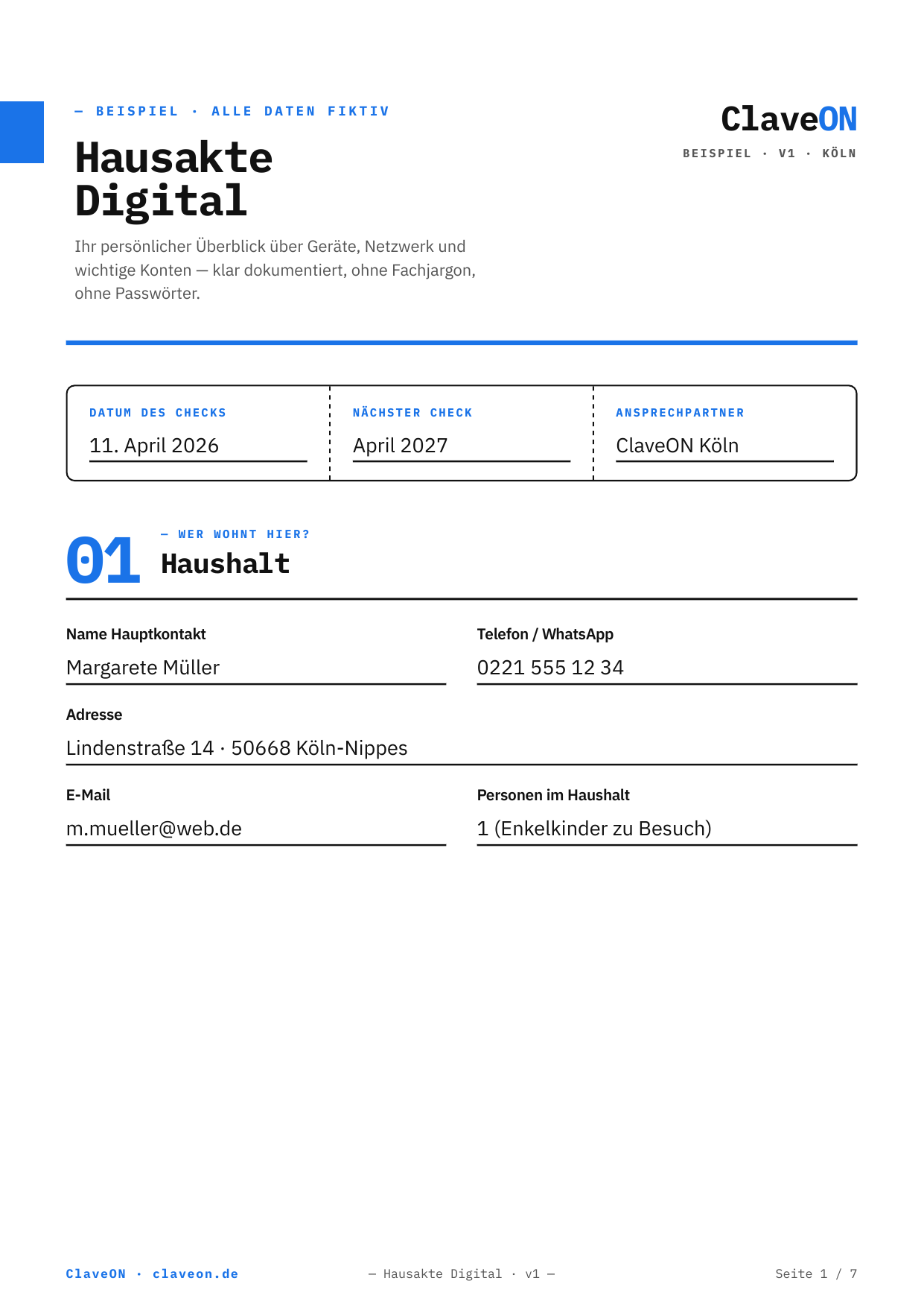 Beispiel der Hausakte Digital, erste Seite mit Haushalt-Daten